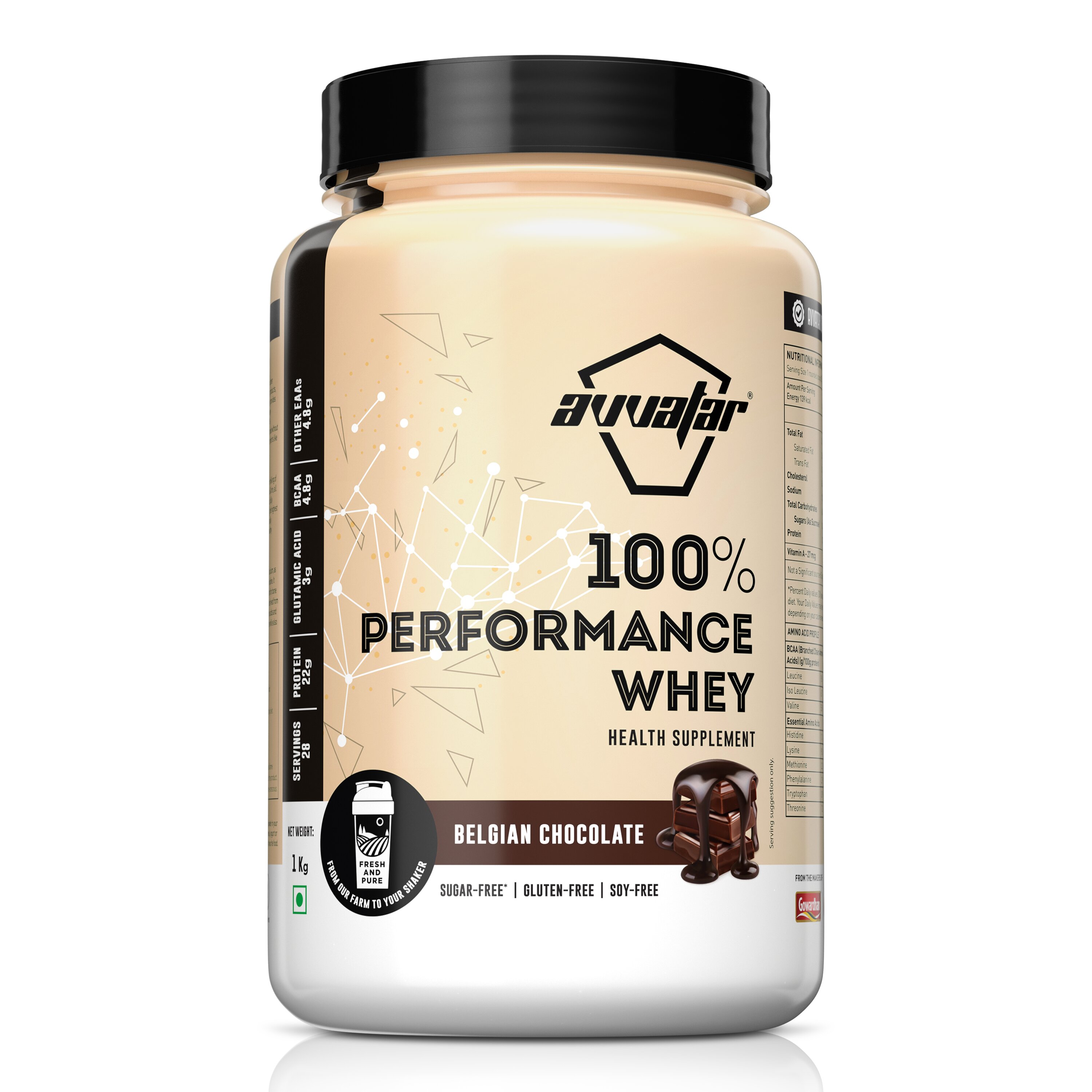 Enjoy the rich flavor of Belgian Chocolate in our 1 kg Performance whey protein powder. Elevate your workouts with Avvatar's irresistible offering. Order now!